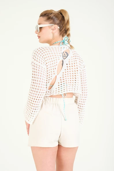 Kadın File Crop Bluz Ekru - 6