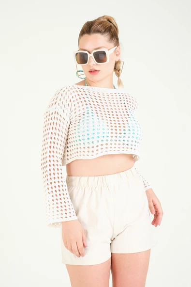 Kadın File Crop Bluz Ekru - 3