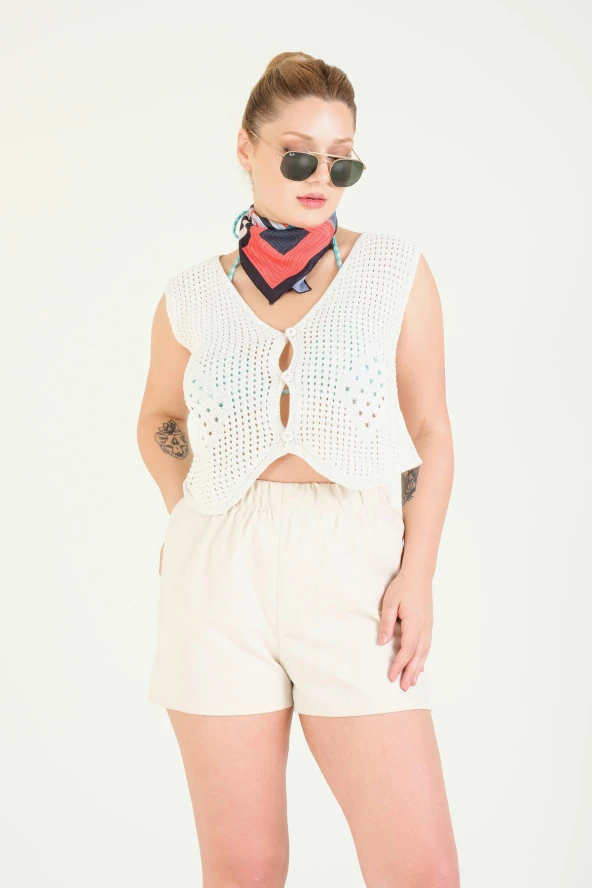 Kadın File Yelek Ekru - 2