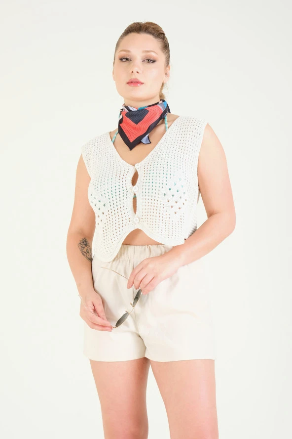 Kadın File Yelek Ekru - 5