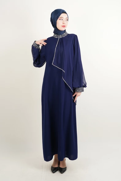 Taş İşlemeli Son Model Tesettür Abiye Yeni Çıkan Nişan ve Kapalı Söz Kıyafeti Lacivert