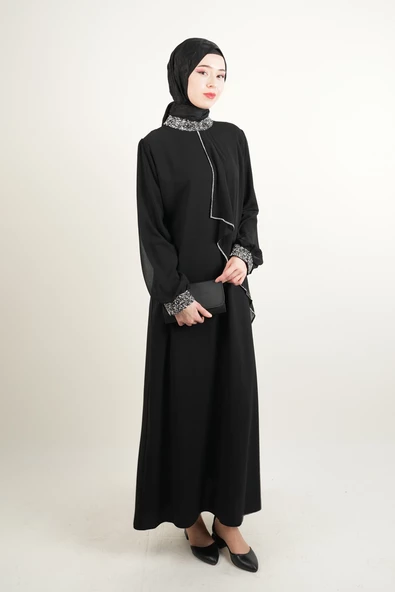 Taş İşlemeli Son Model Tesettür Abiye Yeni Çıkan Nişan ve Kapalı Söz Kıyafeti Siyah - 2