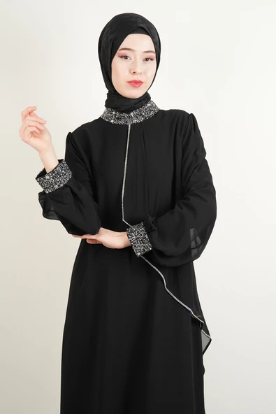 Taş İşlemeli Son Model Tesettür Abiye Yeni Çıkan Nişan ve Kapalı Söz Kıyafeti Siyah - 4