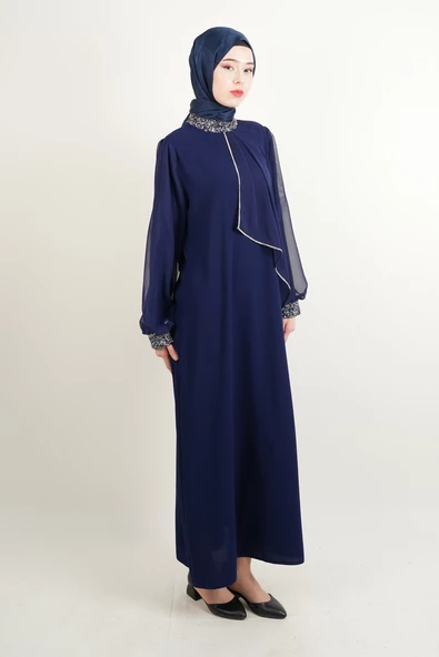 Taş İşlemeli Son Model Tesettür Abiye Yeni Çıkan Nişan ve Kapalı Söz Kıyafeti Lacivert - 2