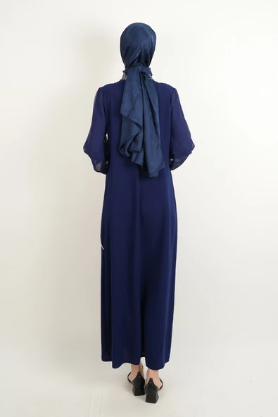 Taş İşlemeli Son Model Tesettür Abiye Yeni Çıkan Nişan ve Kapalı Söz Kıyafeti Lacivert - 3