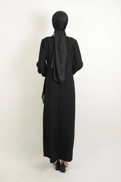 Taş İşlemeli Son Model Tesettür Abiye Yeni Çıkan Nişan ve Kapalı Söz Kıyafeti Siyah - 3