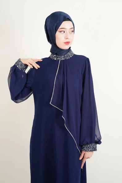 Taş İşlemeli Son Model Tesettür Abiye Yeni Çıkan Nişan ve Kapalı Söz Kıyafeti Lacivert - 4