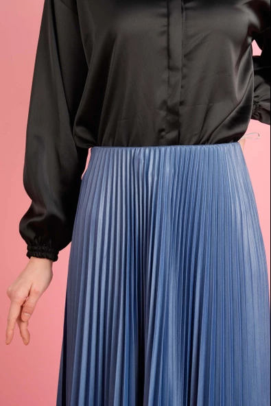 Kadın Deri Görünümlü Piliseli Etek İndigo Mavi - 4