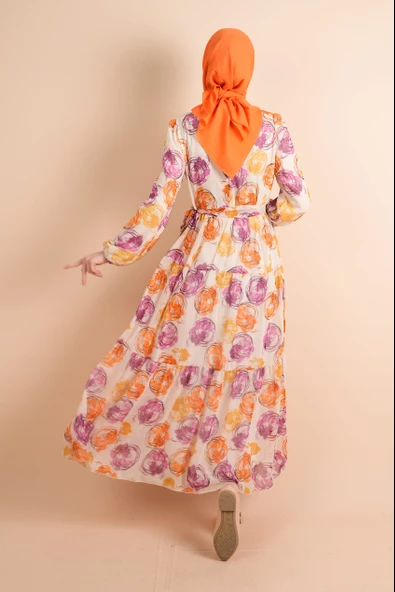 Yeni Koleksiyon Astarlı Şifon Çember Desen Turuncu - 4