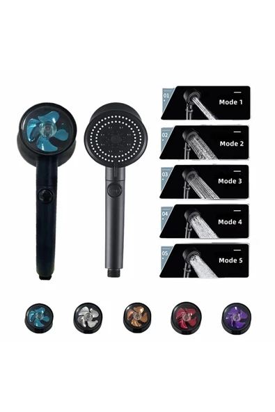 WUVERA Turbo Pervaneli 5 Fonksiyonlu Duş Başlığı 150 Cm Siyah Duş Hortumu Ve Mafsal Set - 2