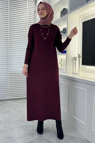 Zebra Desen Triko Elbise Bordo ürün görseli 1