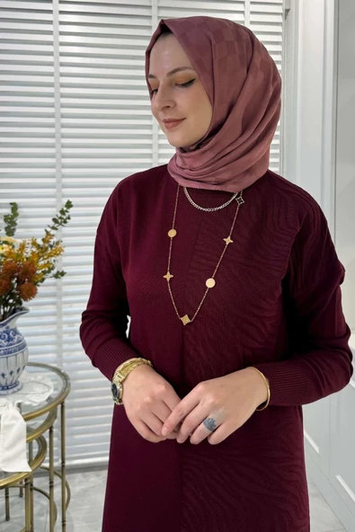 Zebra Desen Triko Elbise Bordo - Resim 2