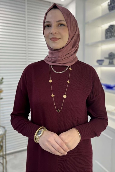 Zebra Desen Triko Elbise Bordo - Resim 3