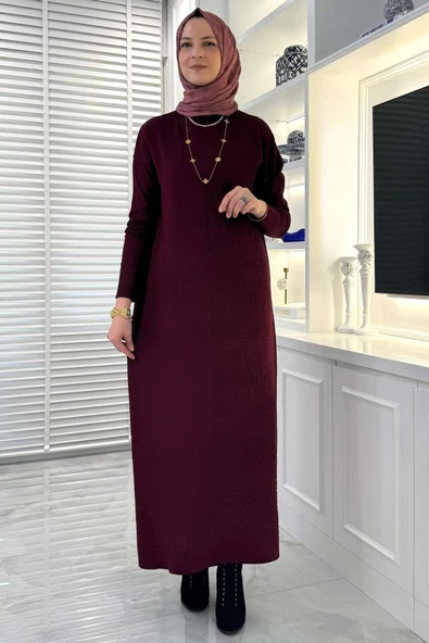 Zebra Desen Triko Elbise Bordo - Resim 5