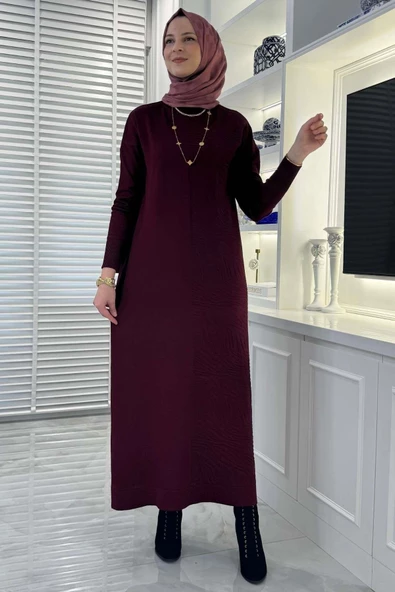 Zebra Desen Triko Elbise Bordo - Resim 4