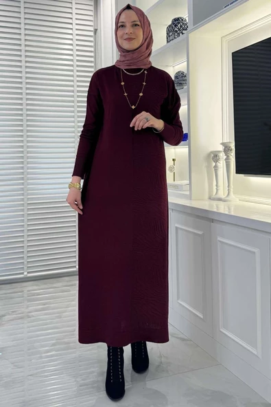 Zebra Desen Triko Elbise Bordo - Resim 7