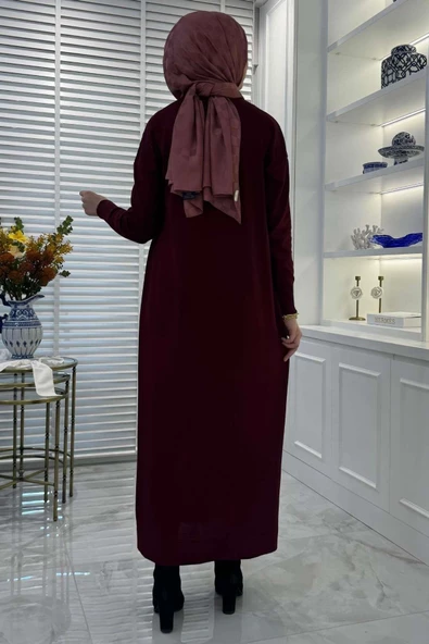 Zebra Desen Triko Elbise Bordo - Resim 6