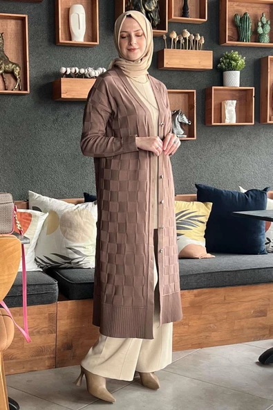 Dama Desenli Sütlü Kahve Triko Hırka - 8