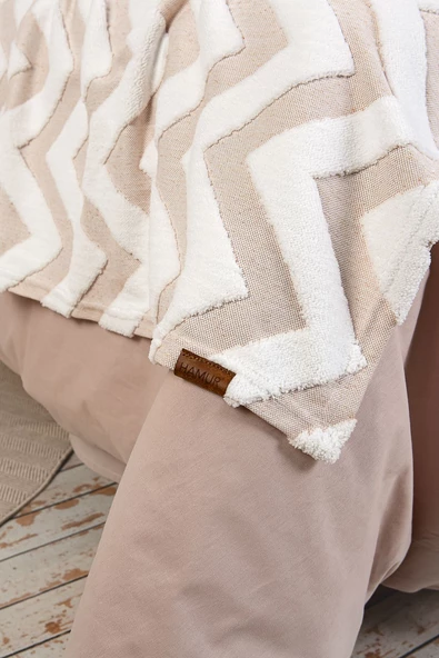 Yatak Runner Kırlent Seti Bohem Punch Panç Desen Yatak Örtüsü Line Bej - Resim 3