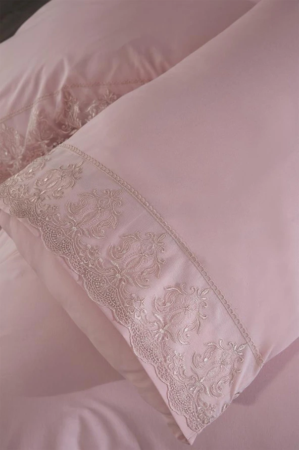 Fransız Dantelli Leyla Çeyizlik Nevresim Takımı Pudra - Resim 2