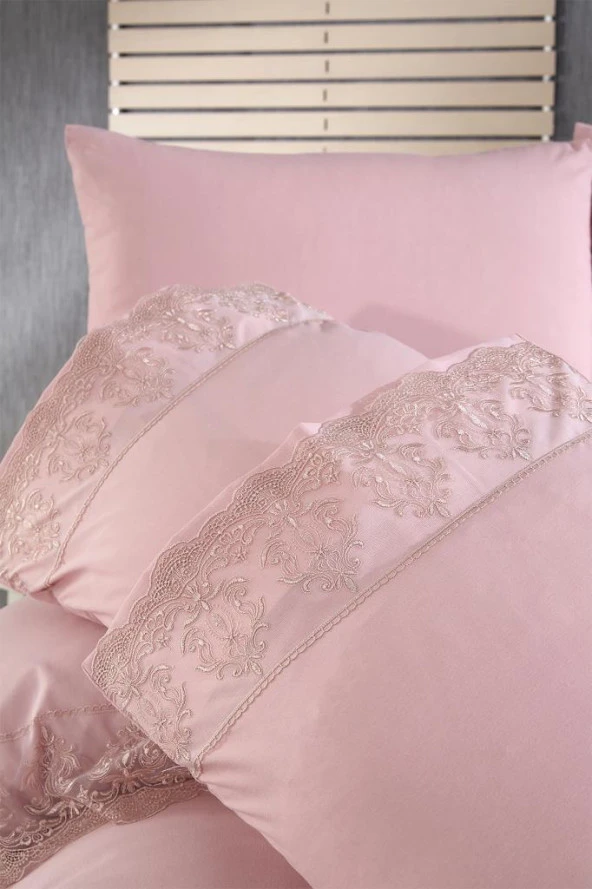 Fransız Dantelli Leyla Çeyizlik Nevresim Takımı Pudra - Resim 6