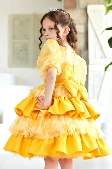 Kız Çocuk Çiçek Detaylı Katkat Fırfırlı Sarı Abiye - Resim 4