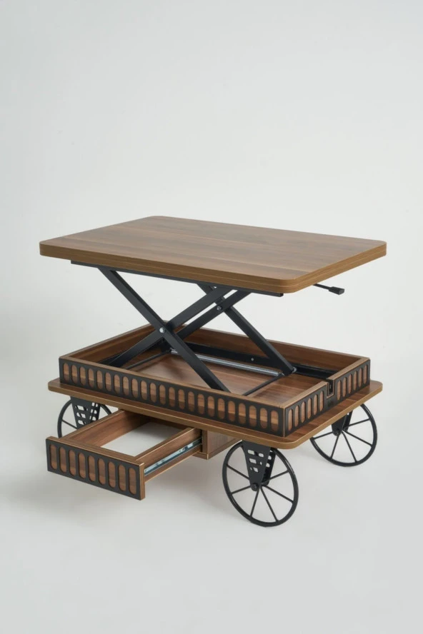 kolexonline Luna-1 Akıllı Sehpa, Çalışma Masası, Yemek Masası, Yer Sofrası, Tekerli Ve Çekmeceli Ceviz Renk - Resim 2