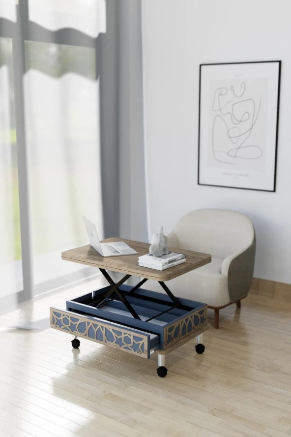 kolexonline Lisa Tekerli Sihirli Sehpa Akıllı Masa Yemek Masası Çekmeceli Antrasit Renk - Resim 3