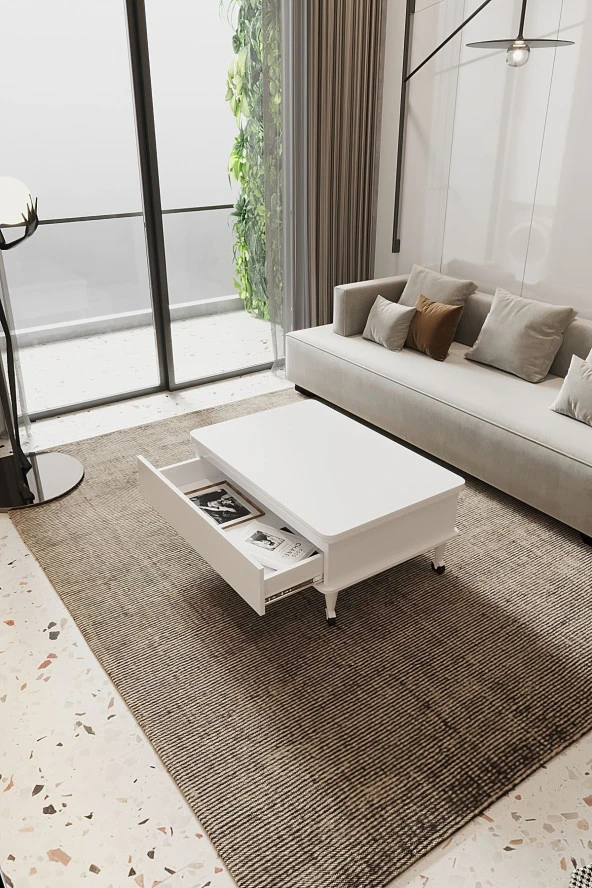 kolexonline Nino Çekmeceli Akıllı Sehpa Tekerli Ayaklı Yemek Masası Çalışma Masası Beyaz Renk ürün görseli 1