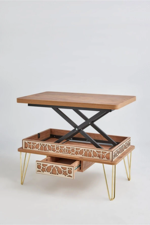 kolexonline Melek-1 Lüx Gold Metal Ayaklı Çekmeceli Akıllı Sehpa, Çalışma Masası, Yemek Masası, Çam Gold ürün görseli 1