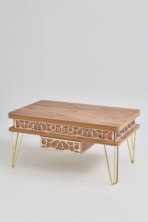 kolexonline Melek-1 Lüx Gold Metal Ayaklı Çekmeceli Akıllı Sehpa, Çalışma Masası, Yemek Masası, Çam Gold - Resim 2