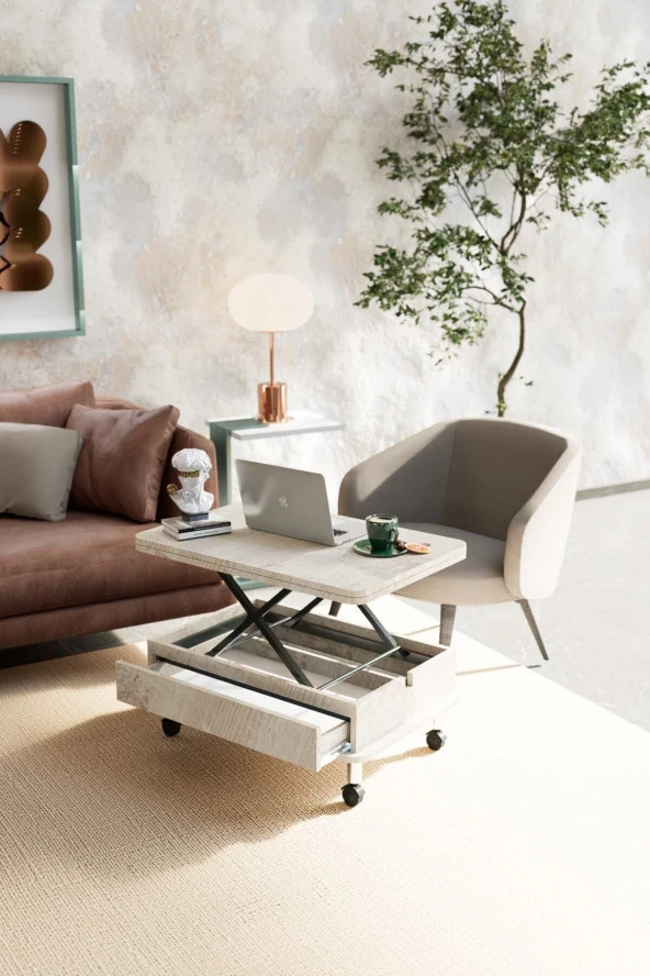 kolexonline Oslo Ahşap Orta Sehpa Tekerli Ve Çekmeceli Antik Beyaz Renk - Resim 3