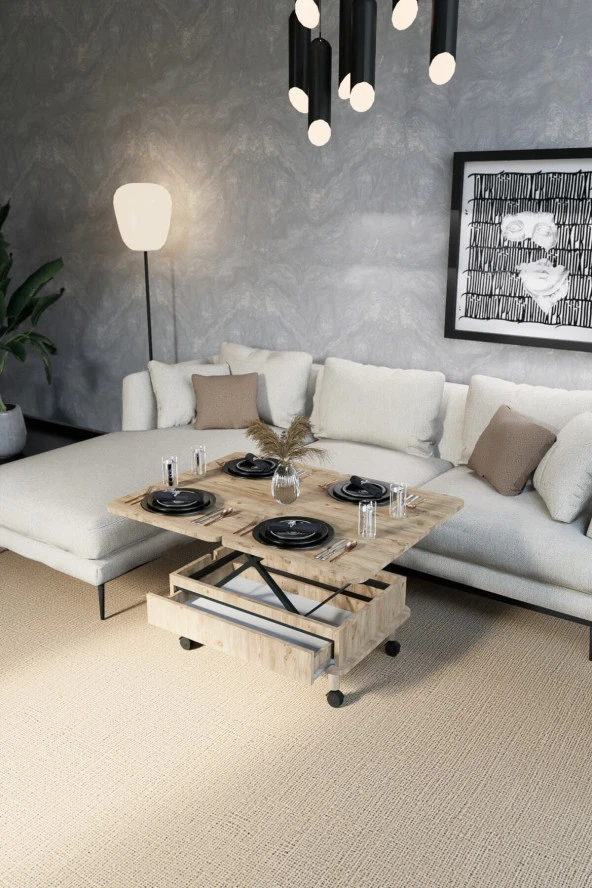 kolexonline Oslo Tekerli Masa Orta Masa Akıllı Masa Çekmeceli Çam Renk - Resim 5