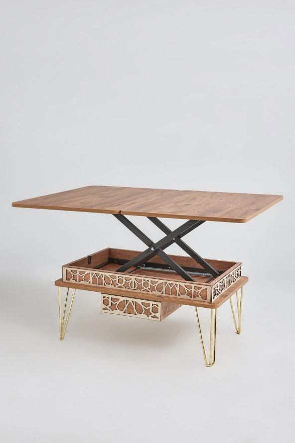 kolexonline Melek-1 Lüx Gold Metal Ayaklı Çekmeceli Akıllı Sehpa, Çalışma Masası, Yemek Masası, Çam Gold - Resim 3