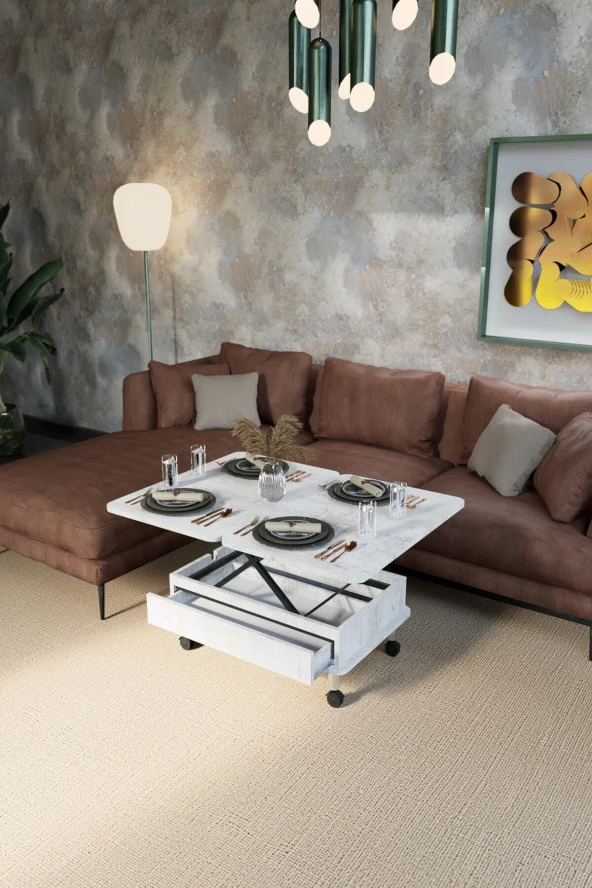 kolexonline Oslo Ahşap Orta Sehpa Tekerli Ve Çekmeceli Antik Beyaz Renk - Resim 4