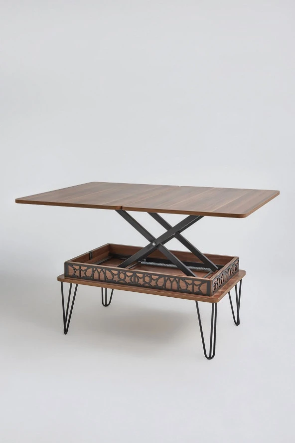 kolexonline Melek Lüx Metal Ayaklı Akıllı Sehpa, Çalışma Masası, Yemek Masası, Ceviz - Resim 2