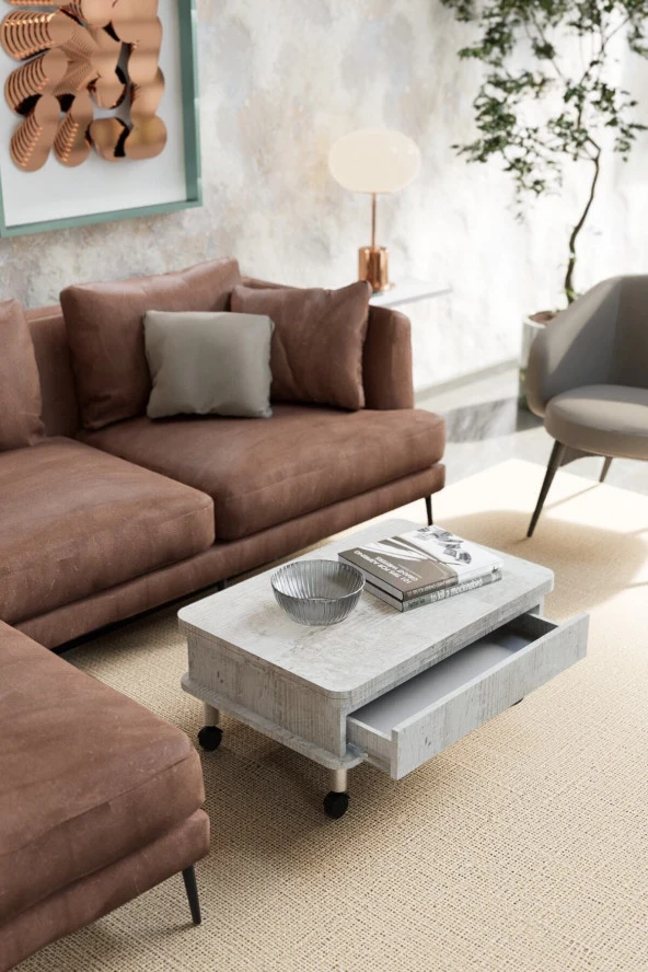 kolexonline Oslo Ahşap Orta Sehpa Tekerli Ve Çekmeceli Antik Beyaz Renk - Resim 5