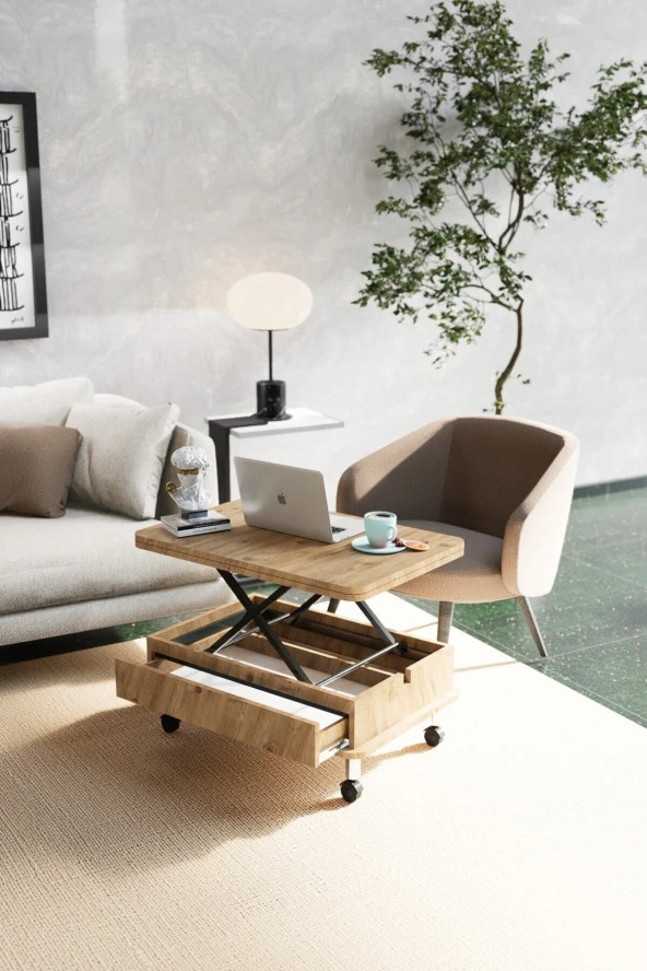 kolexonline Oslo Tekerli Masa Orta Masa Akıllı Masa Çekmeceli Çam Renk - Resim 6