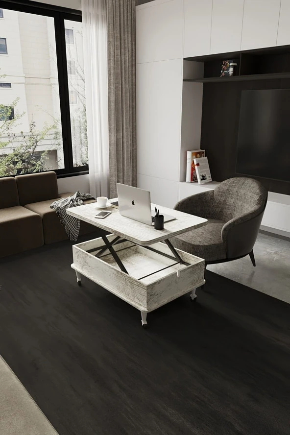 kolexonline Nino Akıllı Sehpa Tekerli Ayaklı Yemek Masası Çalışma Masası Antik Beyaz Renk ürün görseli 1