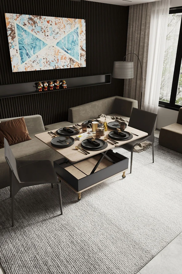 kolexonline Nino Akıllı Sehpa Tekerli Ayaklı Yemek Masası Çalışma Masası Alaska Antrasit Renk ürün görseli 1