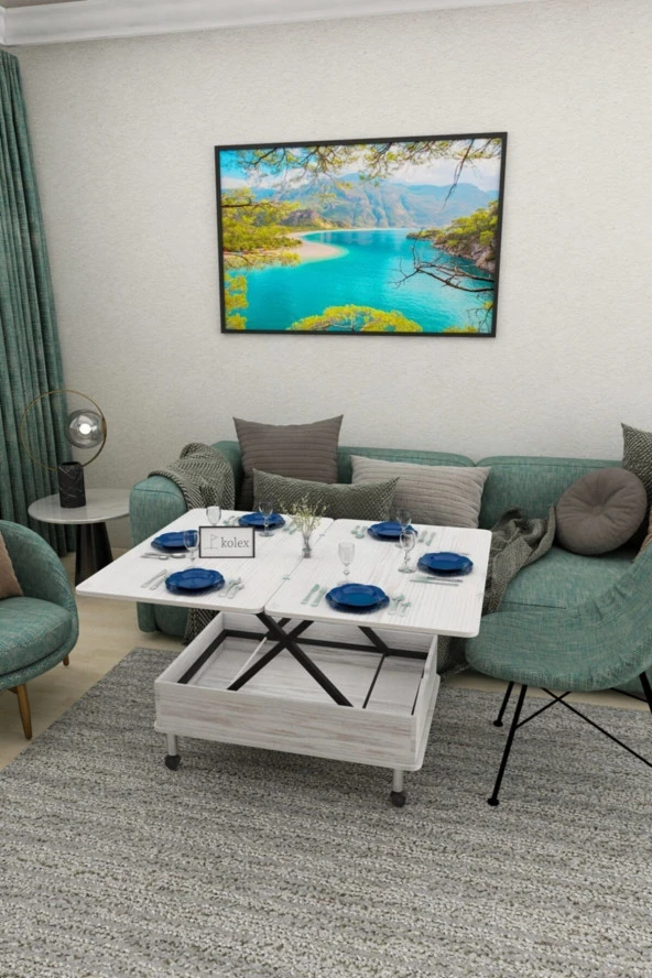 kolexonline Desensiz 3 Kademeli Tekerli Akıllı Sihirli Sehpa Antik Beyaz Renk ürün görseli 1