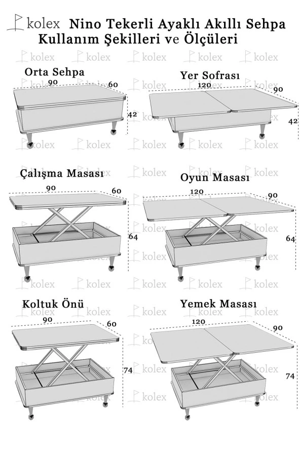 kolexonline Nino Akıllı Sehpa Tekerli Ayaklı Yemek Masası Çalışma Masası Ceviz Renk - 4