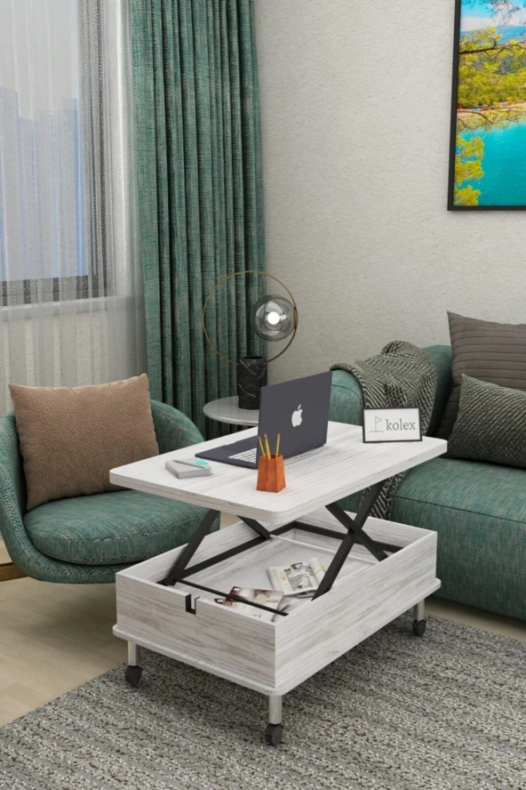 kolexonline Desensiz 3 Kademeli Tekerli Akıllı Sihirli Sehpa Antik Beyaz Renk - Resim 3