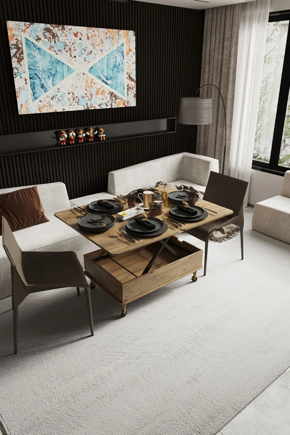 kolexonline Nino Akıllı Sehpa Tekerli Ayaklı Yemek Masası Çalışma Masası Çam Renk - Resim 2