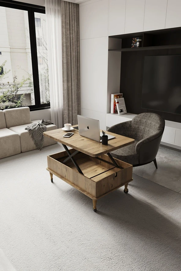 kolexonline Nino Akıllı Sehpa Tekerli Ayaklı Yemek Masası Çalışma Masası Çam Renk - Resim 3