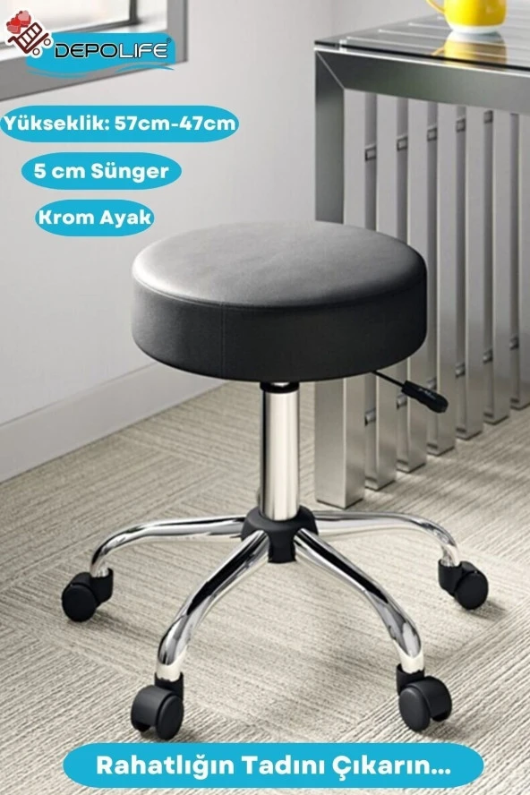 Depolife Döner Ofis Kasiyer Taburesi Tekerlekli Deri Döşeme Oturak Eczane Laboratuvar Büro Çalışma Koltuğu