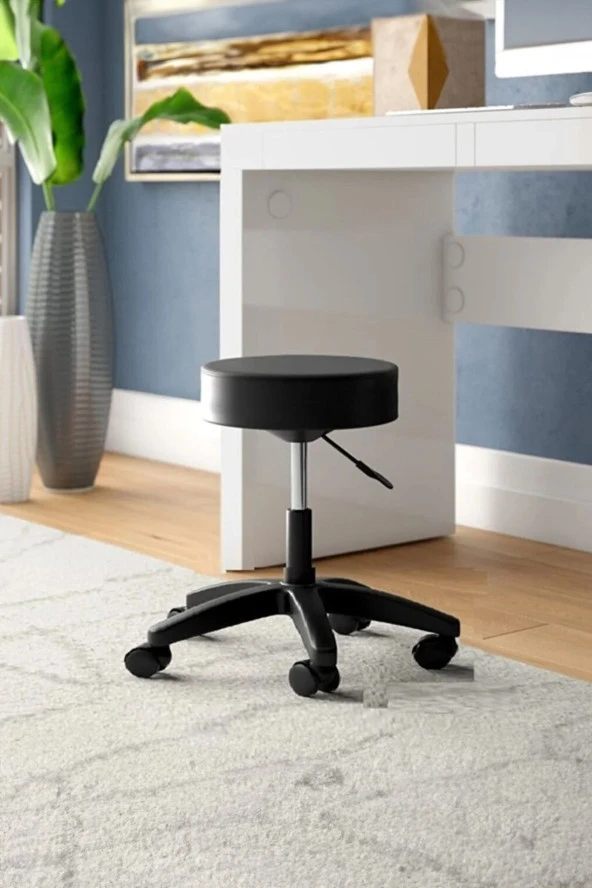 Depolife Döner Ofis Kasiyer Taburesi Tekerlekli Deri Döşeme Oturak Eczane Laboratuvar Çalışma Koltuğu Siyah