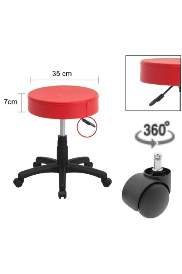 Depolife Döner Ofis Kasiyer Taburesi Tekerlekli Deri Döşeme Oturak Eczane Laboratuvar Çalışma Koltuğu Kırmızı - 2