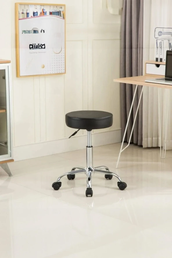 Depolife Krom Ayaklı Ofis Kasiyer Taburesi 360 Derece Tekerlekli Deri Döşeme Oturak Eczane Laboratuvar Siyah - 2