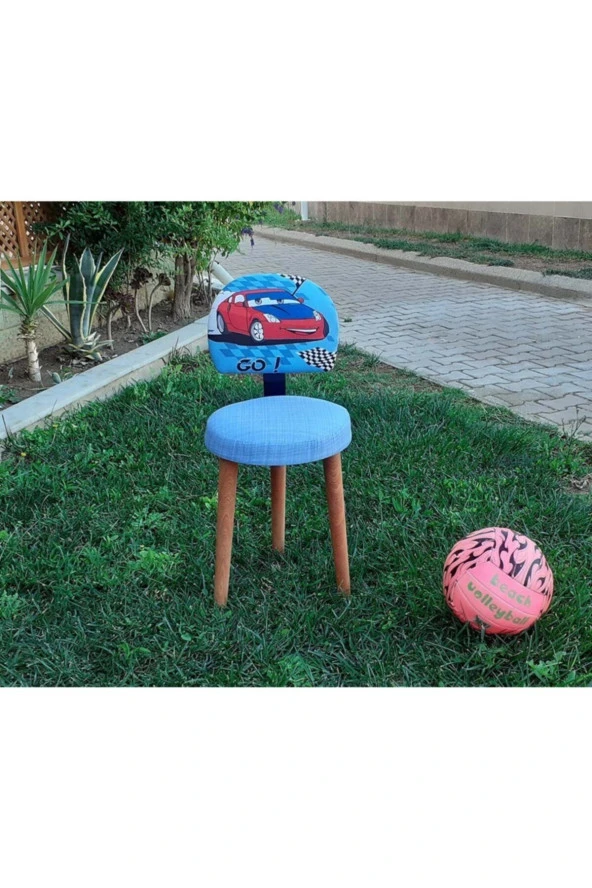 Depolife Çocuk Odası Mavi Araba Desenli Oturma Koltuğu Ders Çalışma Oyun Faliyet Sandalyesi Ahşap Gürgen Ayak
